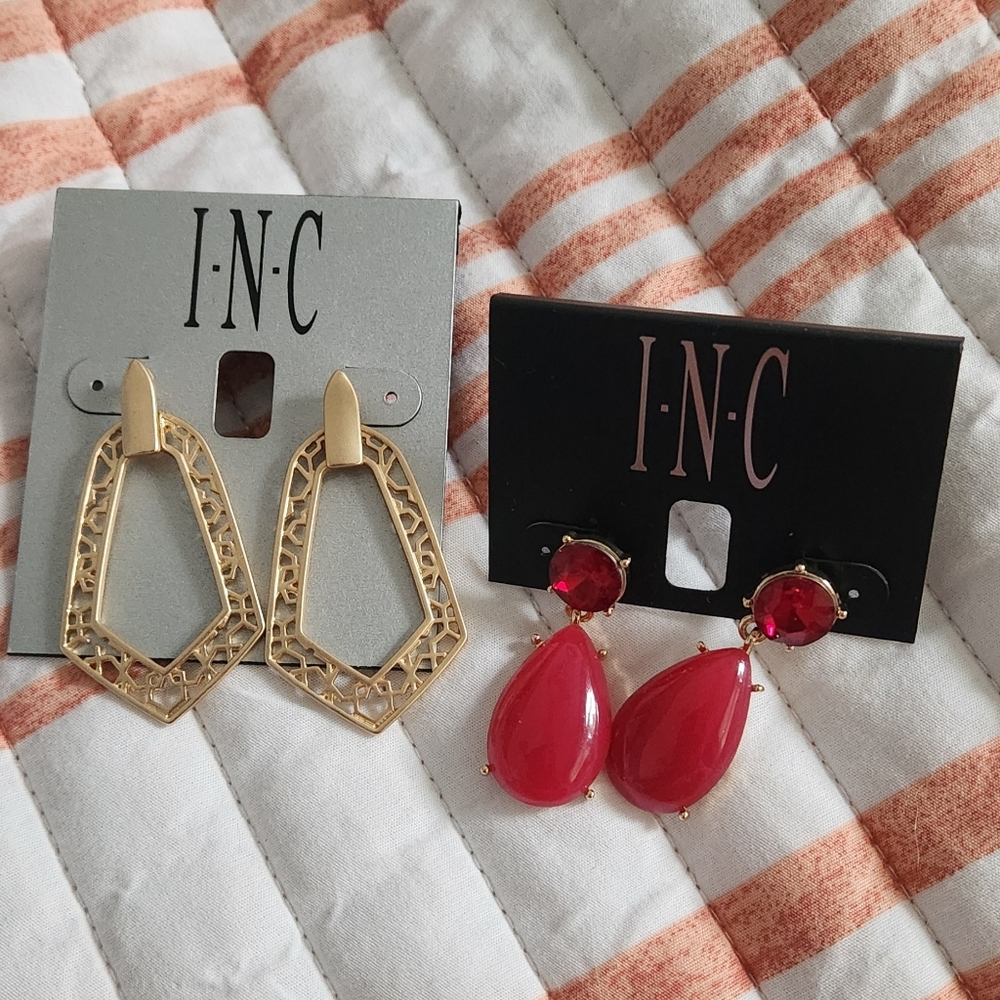 INC International Concepts Gold and Red Earrings Set 2 pair new with tags